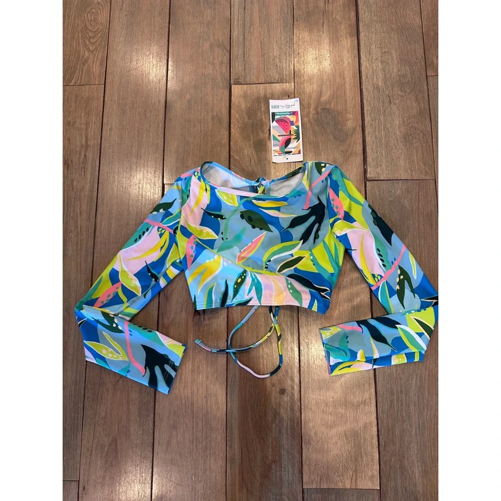 Gottex Kids Girls Tropical Leaf Rash Guard Crop Swim Top Multi PK241598 Size 9